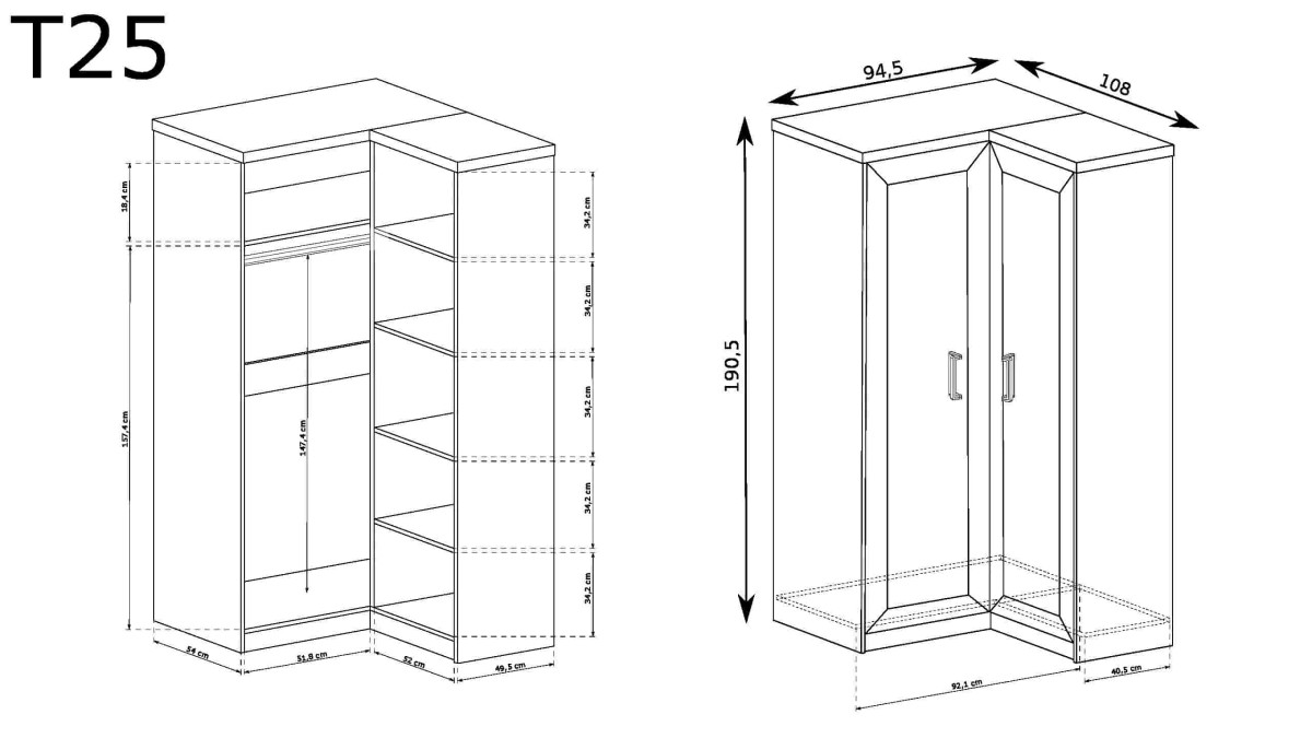 wymiary szafy narożnej t-25