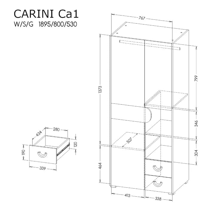 szkic techniczny szafy carini ca 1