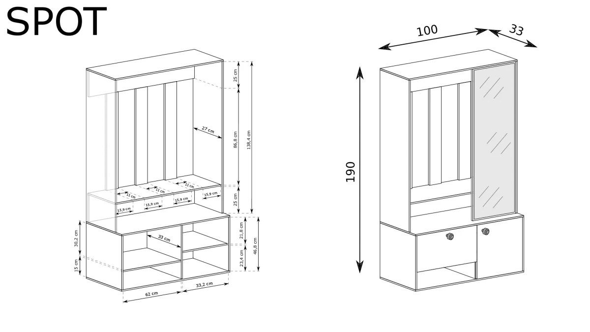 GARDEROBA Z LUSTREM SPOT UNI Jarostol wymiary