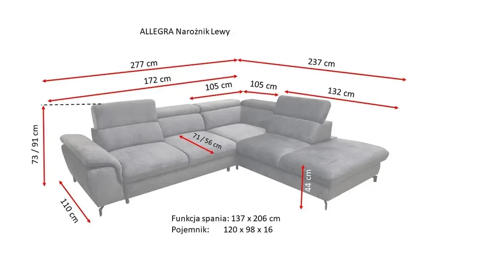 Narożnik Alegra - wymiary